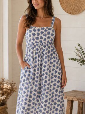 Melrose and Market Blue Floral Cotton Midi Dress Size M